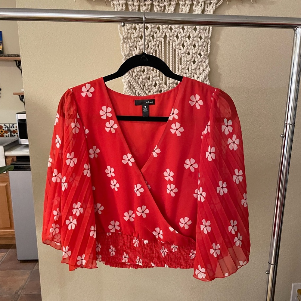 Aqua Red Floral Blouse